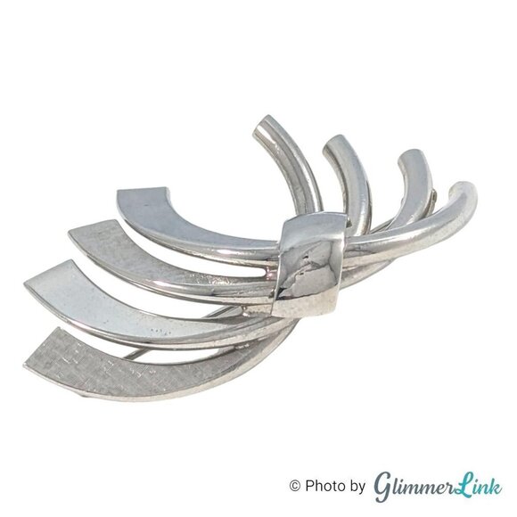 Vintage Modernist Bow Ribbon Arched Silver Tone Brooch Pin - Picture 3 of 11